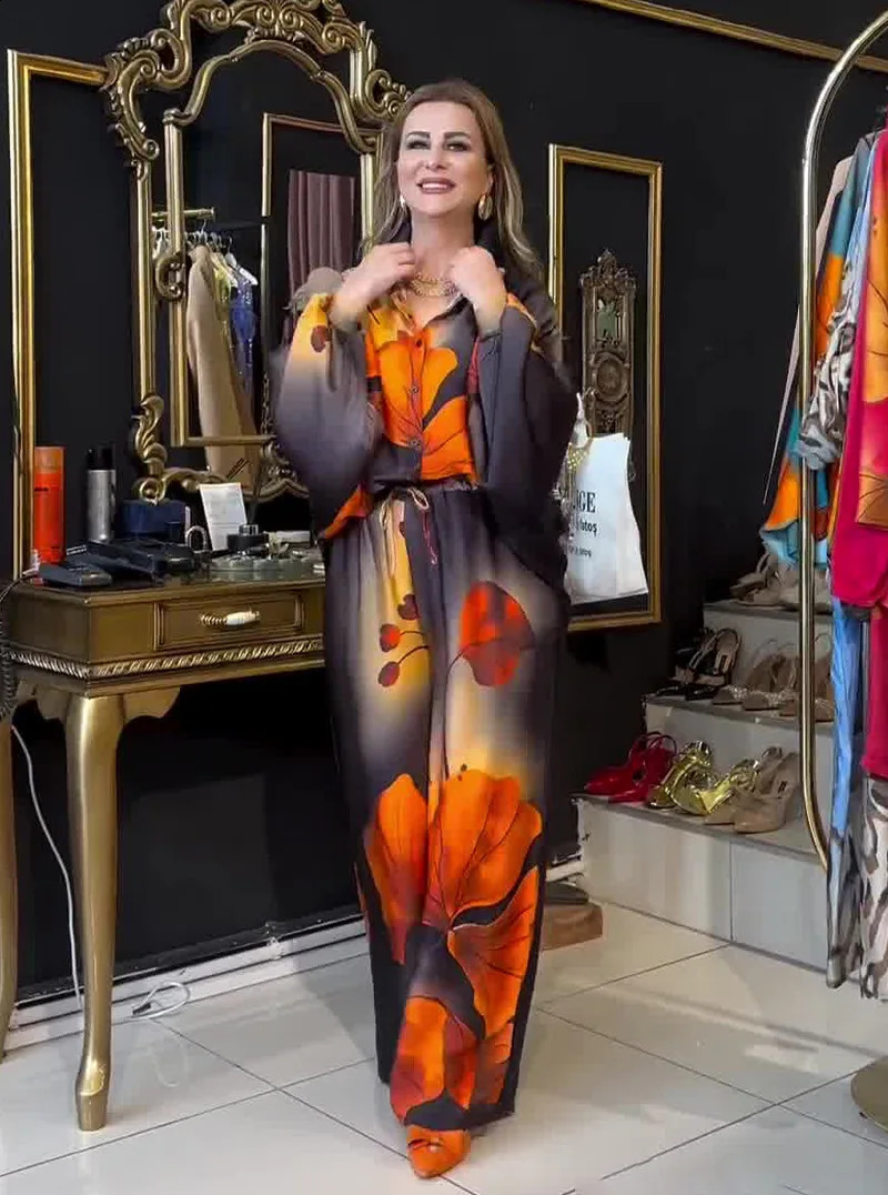 Autumn Printed Satin Top Wide Leg Pants Fashionable Warm Loose Two Piece Set Womens 240930 - view 5