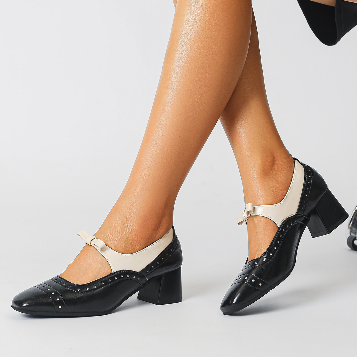 Russian shoes with square toe, high heels, color blocking, suitable for chubby wide feet, women's shoes, big size 35-43