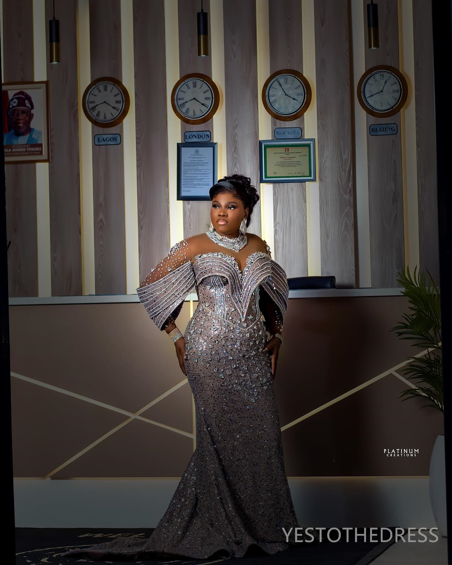2024 Plus Size Aso Ebi Prom Dress Evening Dress Formal Gowns For Women Mermaid High Neck Long Sleeves Rhinestones Crystals Birthday Dress Reception Go