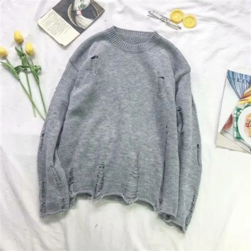 Mens Pulling Tear Crewneck Knitted Sweater Mens Plain weave with holes Solid color Round neck casual Cigar 240930