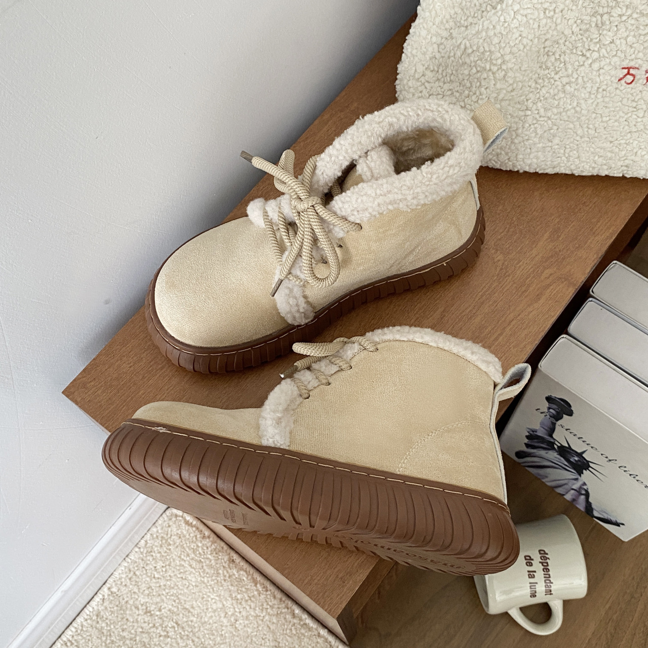 Winter Women's Fleece Shoes: Lace-Up Triple Brown Beige, Non-Slip, Thick Sole fd03