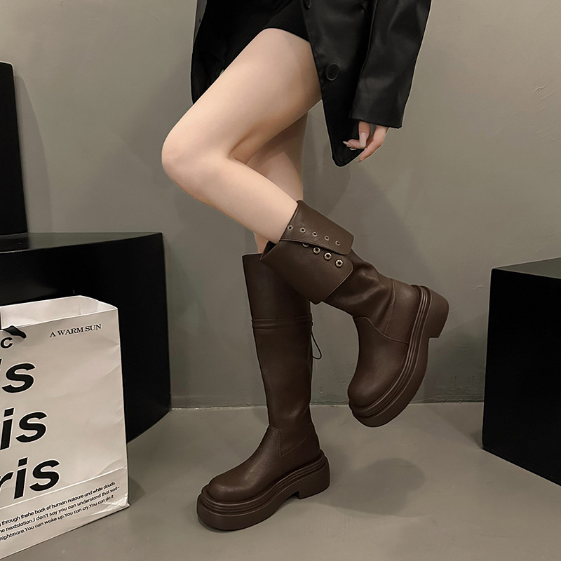 Women Fashion Boots Trendy Design Versatile Thick Sole Increase Height Round Toe Winter Warm Triple Black Brown fashion