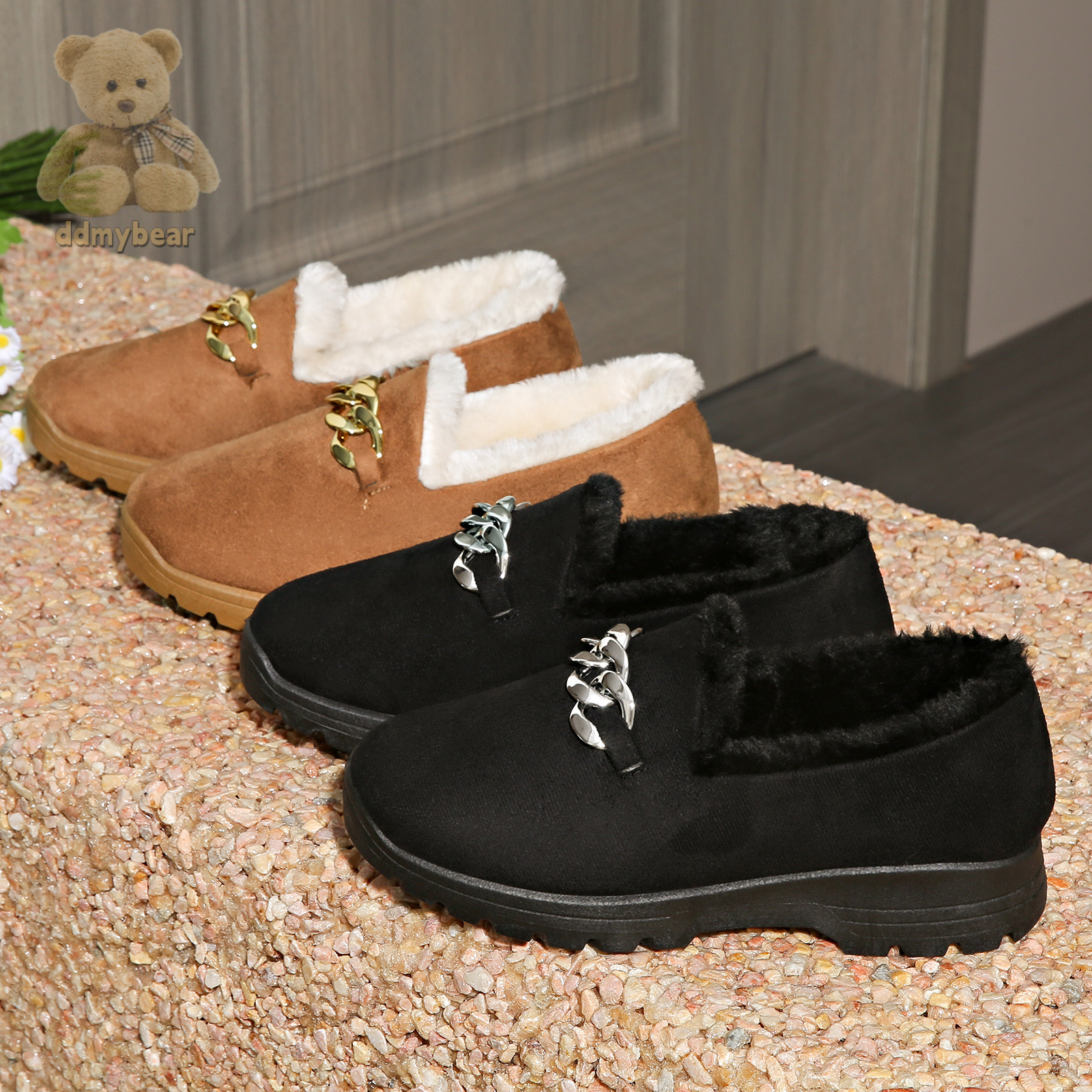 Ddmybear 2024 Autumn/Winter New Cotton Low Cut Warm Women's Snow Boots Black Brown Fashion Chain Bean Shoes Chinese Brand Shoes F1008-25