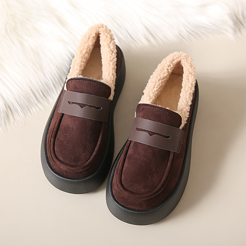 Casual Women's 2024 Thick Sole Fleece Loafers - Khaki Coffee Black ccc2