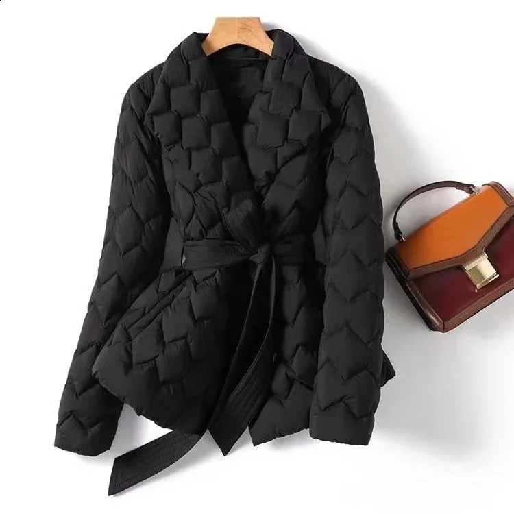 Elegant Style Cotton Jacket Women Water Wave Pattern Quilted Light and Thin Cotton Coat with Lapel Waist Belt Mid Length 240930