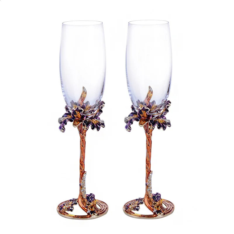 Iris 1 Pair Crystal Wine Glasses Cup Wedding Party Reception Champagne Flutes Fashion Enamel Glass Gift Package 240925
