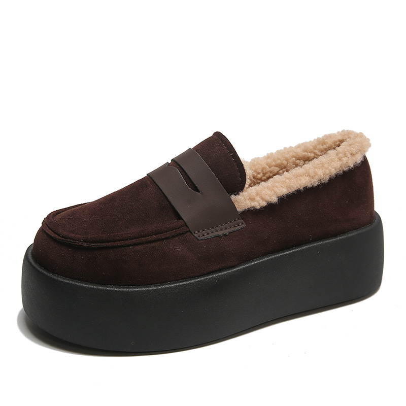 Casual Women's 2024 Thick Sole Fleece Loafers - Khaki Coffee Black ccc2