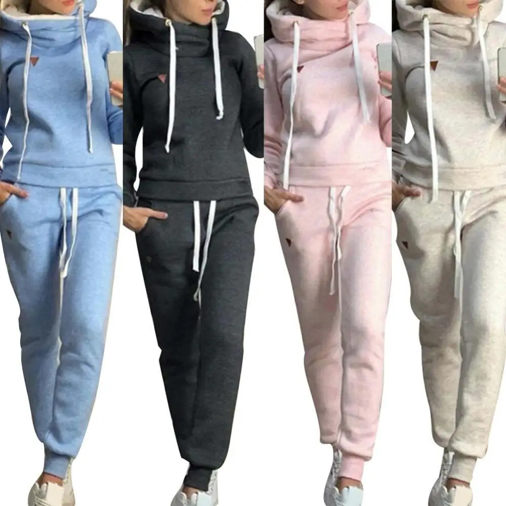 Tracksuit Solid Color Womens 2Pcs Jogging Set Wool Lined Hoodie 241007