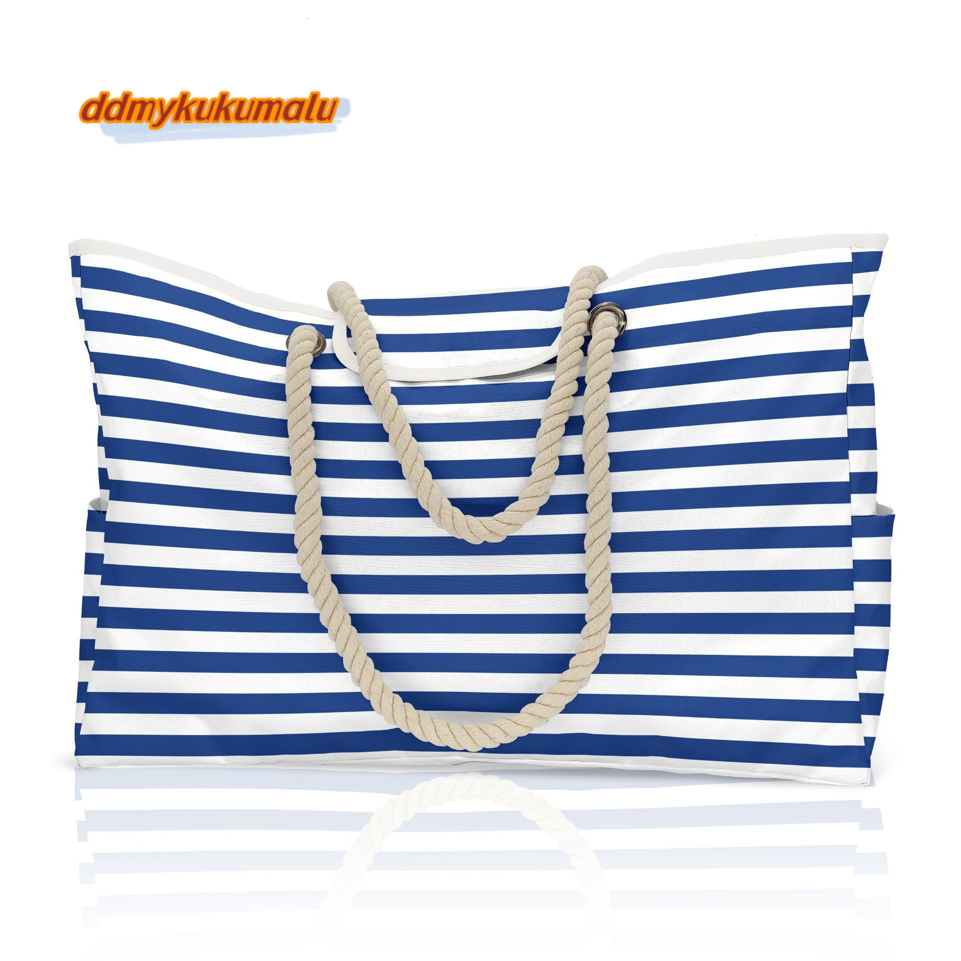 Oxford Cloth Open Pocket Summer Large Capacity Beach Bag Blue and White Striped Handbag H6.27#23 ddmykukumalu