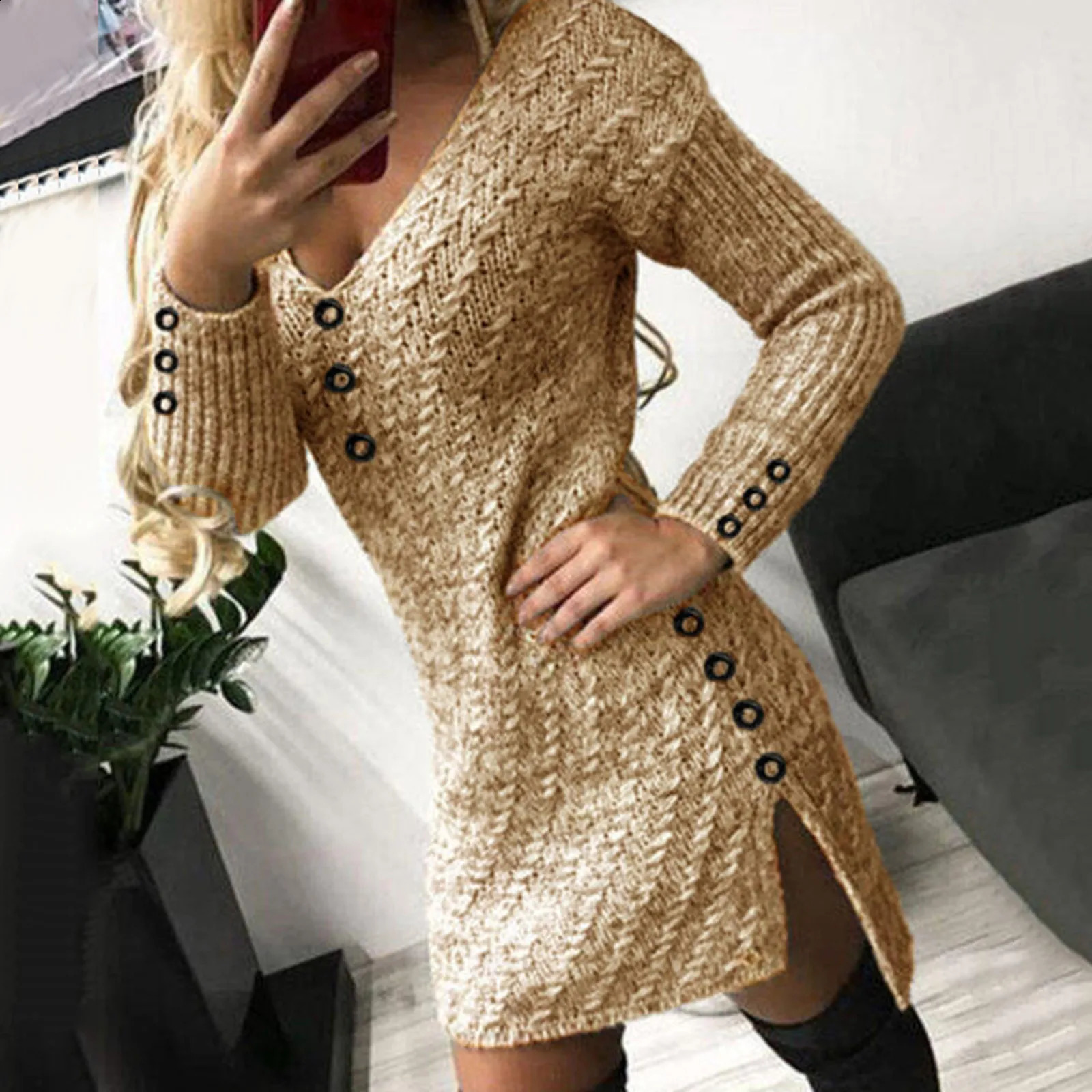 Womens Winter Sweater Dress Fashion Knitted Long Sleeve Floral Autumn Casual Top 241007