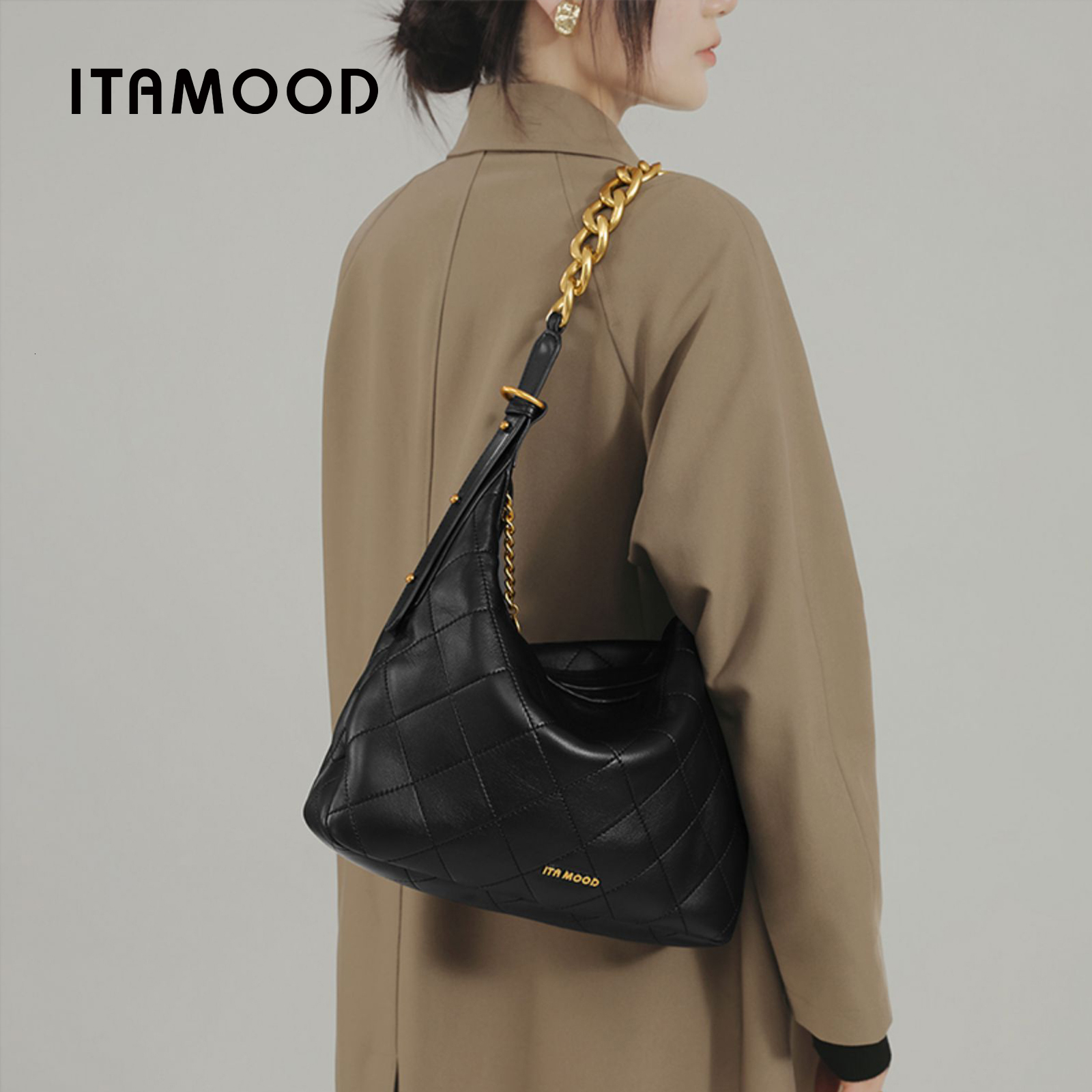 ITAMOOD Genuine Leather Shoulder Branded And Quilted Tote Bag With Gold Color Chain Strap Large Capacity Handbag