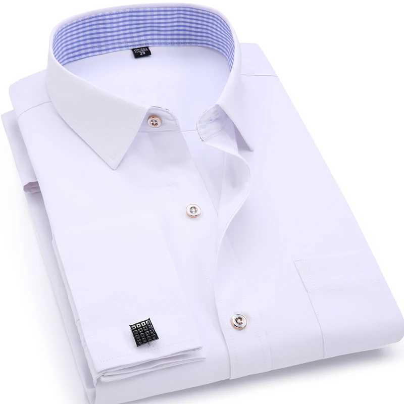 Mens Classic French Cuff Solid Dress Formal Business Shirt Standard Fit Long Sleeve Office Work White Black Yellow Social Shirt X241007