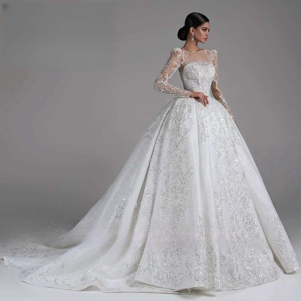 Sparkly Ball Gown Wedding Lace Sequin Beaded O Neck Long Sleeve Tulle Bride Marriage Formal Dress