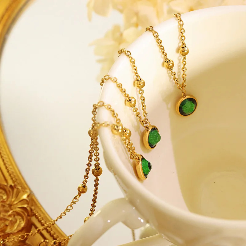 stainless steel ball chain anklet green stone round charm anklet suitable for women gold-plated waterproof jewelry 241007