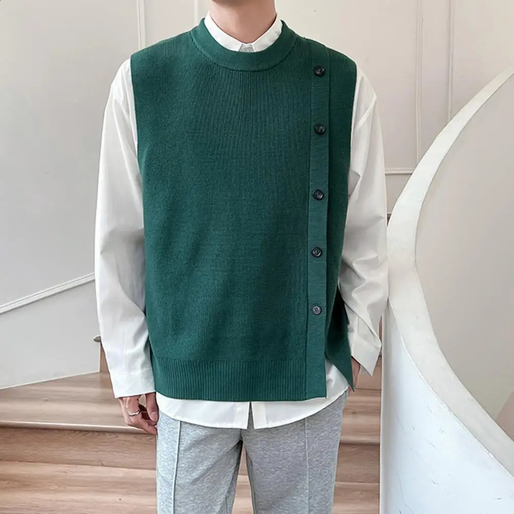 Mens casual solid color knitted sweater vest with buttons sleeveless round neck cardigan suitable for autumn and winter fashion 240930CJ