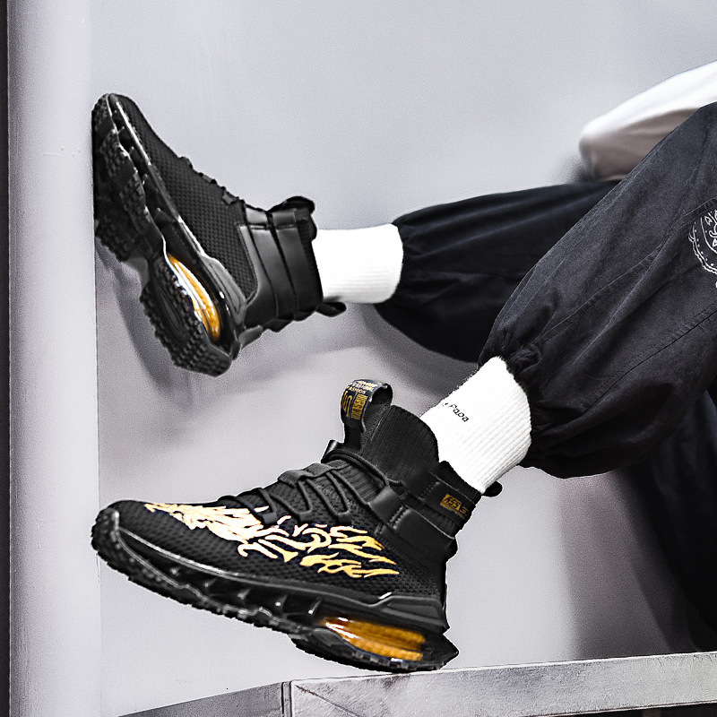 Large Size Thick Soled Height Increasing Sports Men's High Cut Fly Woven Mesh Cloth Zhongbang Blade Shoes Running Shoes