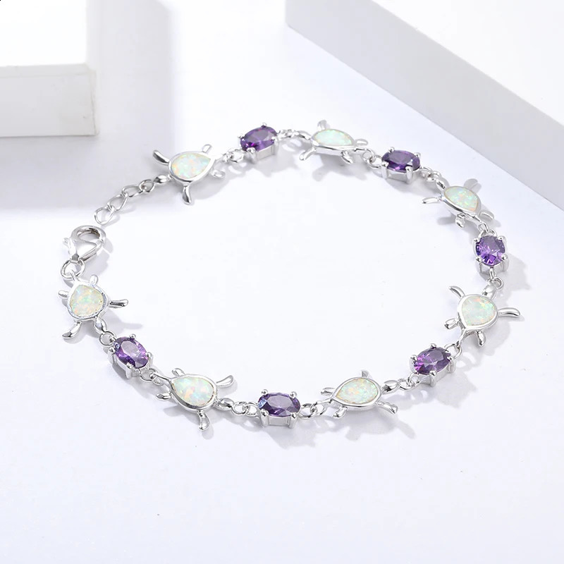 MYOP 925 Silver Gift Artificial White Opel Pear shaped Sea Turtle Bracelet Purple Denier Zircon Lobster Buckle Wedding Charm Party Fashion 240929