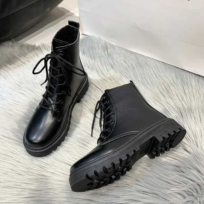 New Womens Black Fi Ankle Boots Female Combat Square Heel Garden Lace-up Boots Autumn Woman Leather Pu Casual ShoesXJ250217