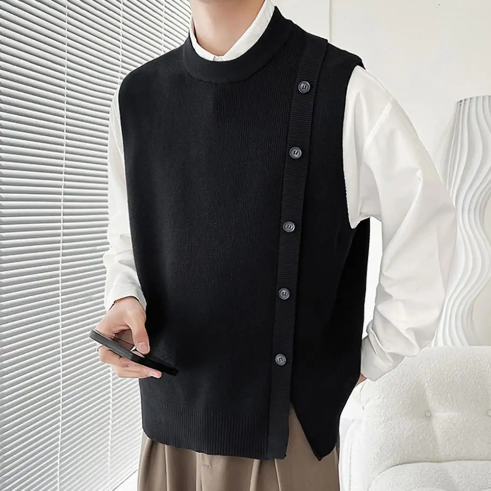 Mens casual solid color knitted sweater vest with buttons sleeveless round neck cardigan suitable for autumn and winter fashion 240930CJ