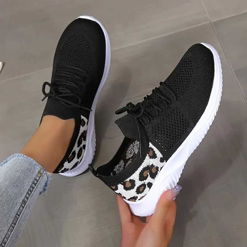 Womens Leopard Tennis Sneakers 2023 Spring/Summer New Mesh Breathable Sneakers Womens Walking and Running Apartment Zapatos De Mujer Y241007