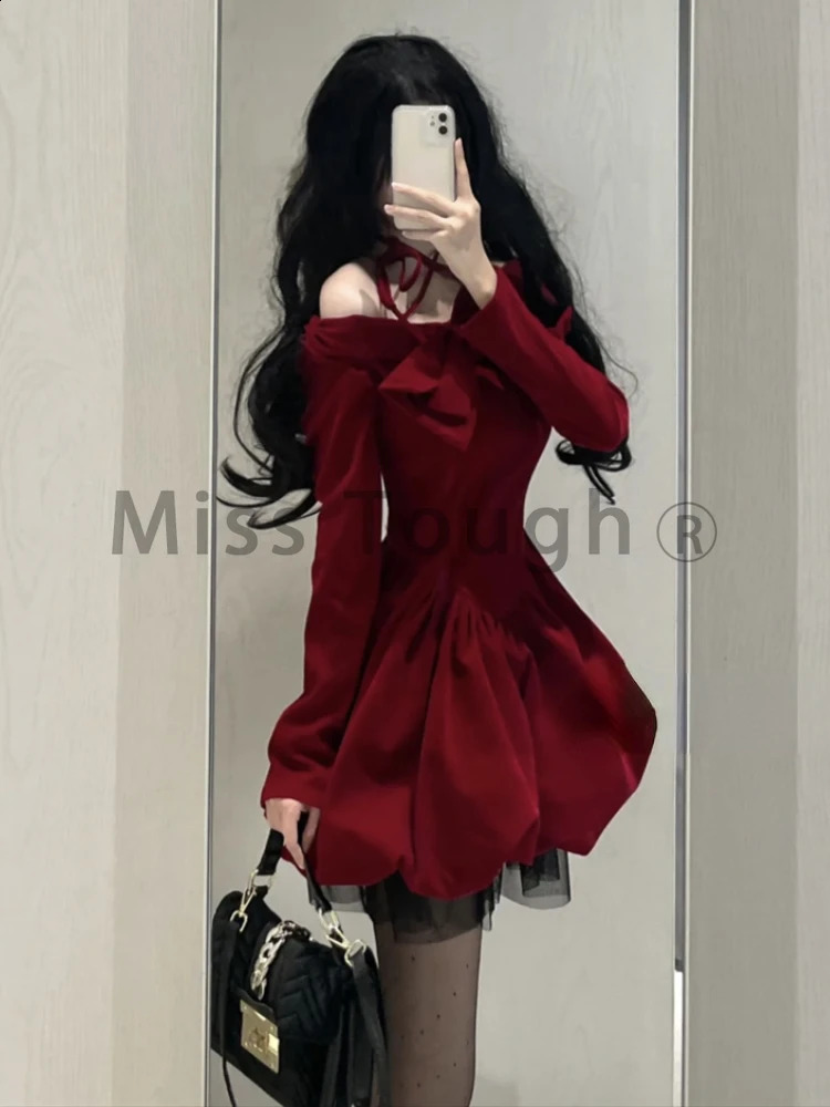 Winter bow Kawaii Y2k dress womens lace patch work elegant mini fashion ner princess item 241007