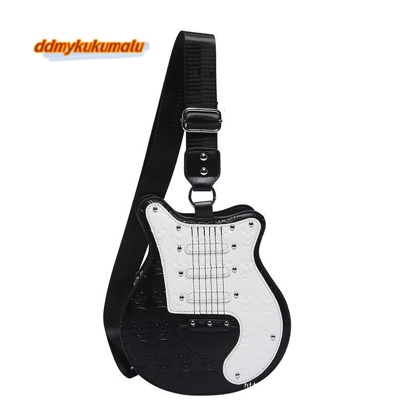Halloween New Skull Shoulder Personalized Creative Crossbody Guitar Shaped Rivet Women's Bag #33 ddmykukumalu