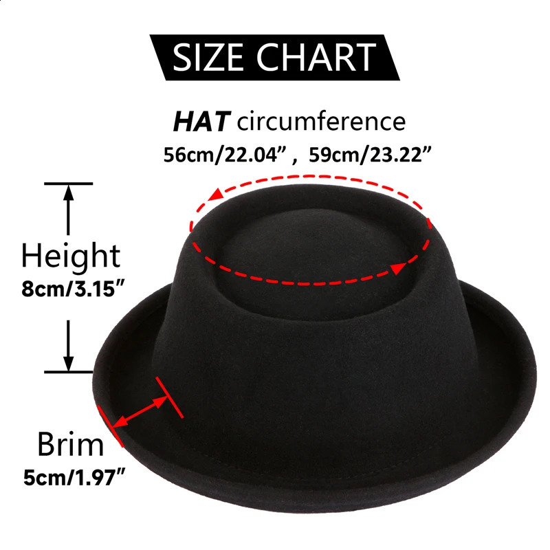 100% Wool Pork Pie Fedora Hat for Women Men Autumn Winter Felt Curved Brim Porkpie Hat 240930