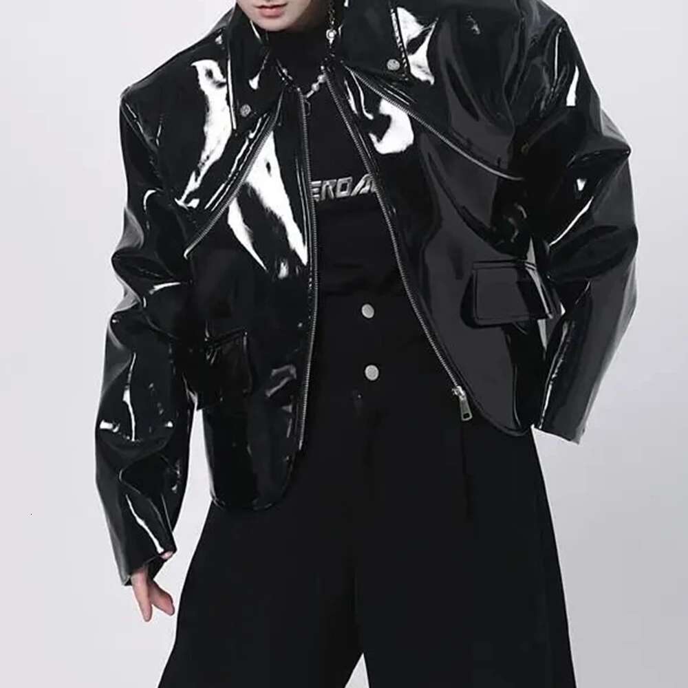 Mens Shiny Handsome Performance Stage Outfit Autumn Elegant British Eent Patent Leather Jacket