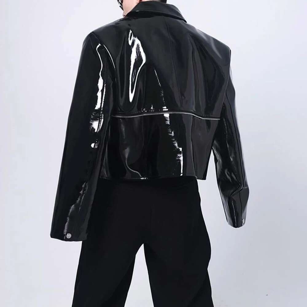 Mens Shiny Handsome Performance Stage Outfit Autumn Elegant British Eent Patent Leather Jacket