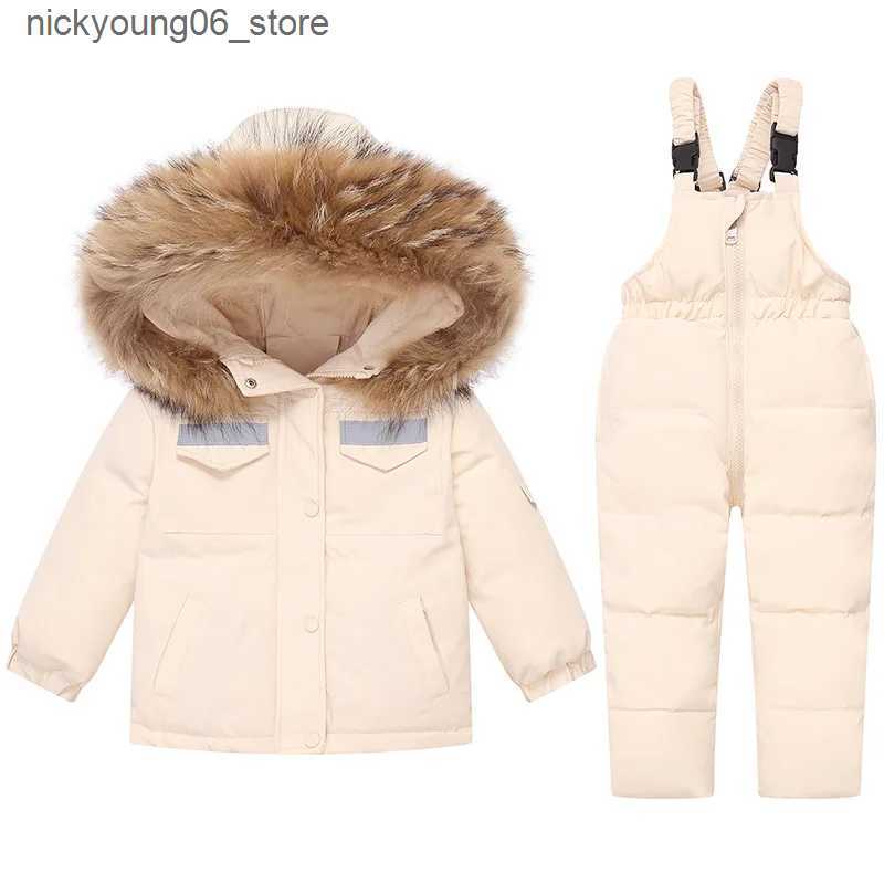Sets/Suits 2024 New Winter Children Girl Ski Suit Real Fur Warm Down Jacket Coat + Overalls Suit For 1-5 Years Girls Kid Baby Girl Snowsuit L240910