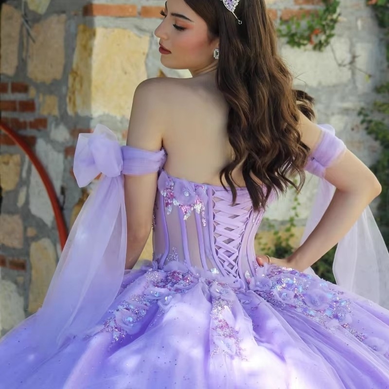 Luxury Lavender Shiny Quinceanera Dress Off The Shoulder Appliques Lace Beads Tull Princess Ball Gowns Sweet 16 Dress Vestidos De 15 Anos