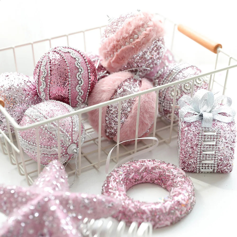 Christmas Tree Decoration Champagne Pink Sparkling Star Snowflake DIY Pendant Year Navigation Party 240927