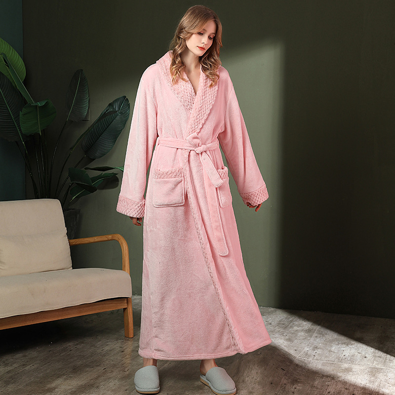 Designer's Winter Sleeping Flannel Couple Nightgown, Thickened Lengthened Men's Plus Size Bathrobe, Long And Simple Sleepwear For Women
