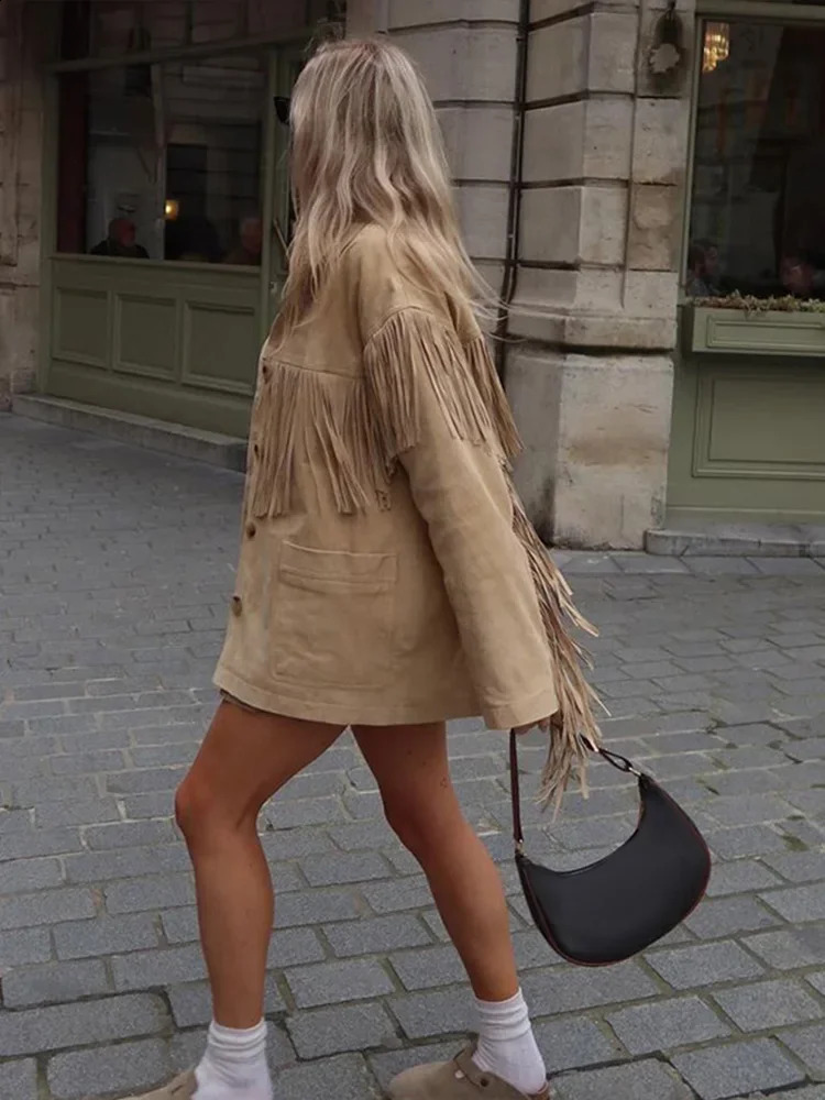 Vintage Suede Tassel Womens Jackets Long Sleeve Lapel Coats 2024 Autumn Fashion Single Breasted Lady Jacket Outwear 240930