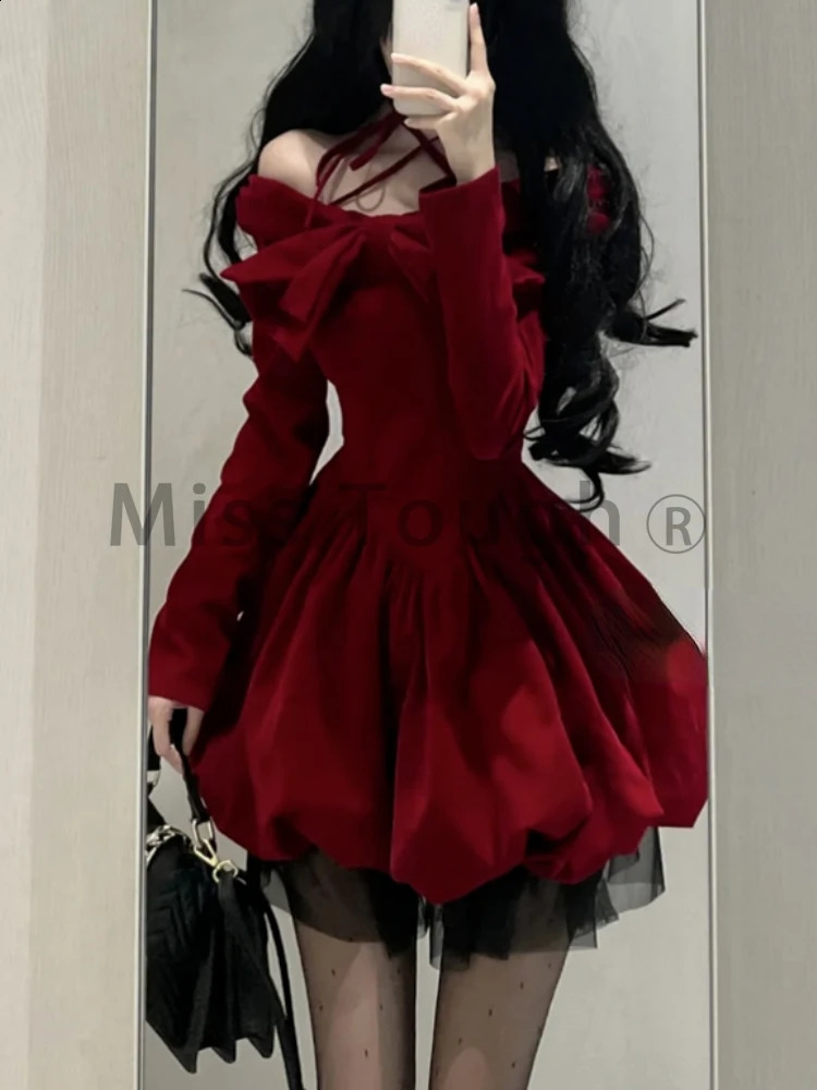 Winter bow Kawaii Y2k dress womens lace patch work elegant mini fashion ner princess item 241007