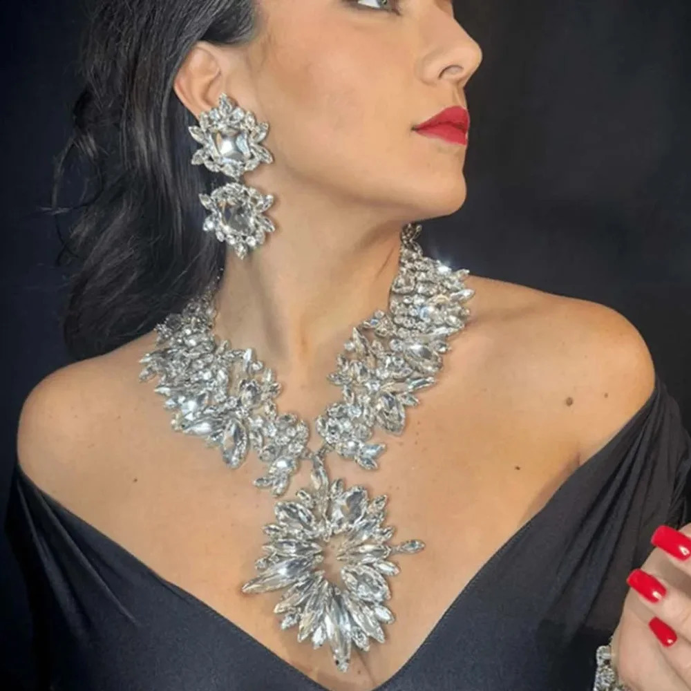 Stonefans Fashion 2-piece/set wedding crystal large Exaggerate jewelry set statement bridesmaid necklace and earring set for women 241007