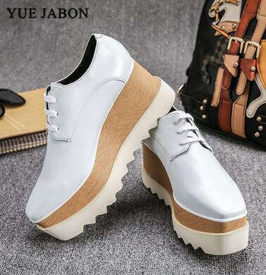 Stars Loafer Square Toe Lace-Up Thick Bottom Platform Wedge For Women Causal Sneakers Real Leather Shoes 2024