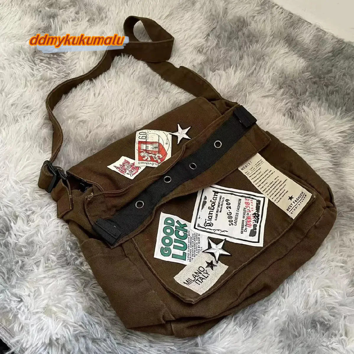 Unique Vintage Messenger Canvas Bag for Women Star Patch Students School Crossbody Bags American Fashion Retro Female Handbags H7.4#37.38 ddmykukumalu