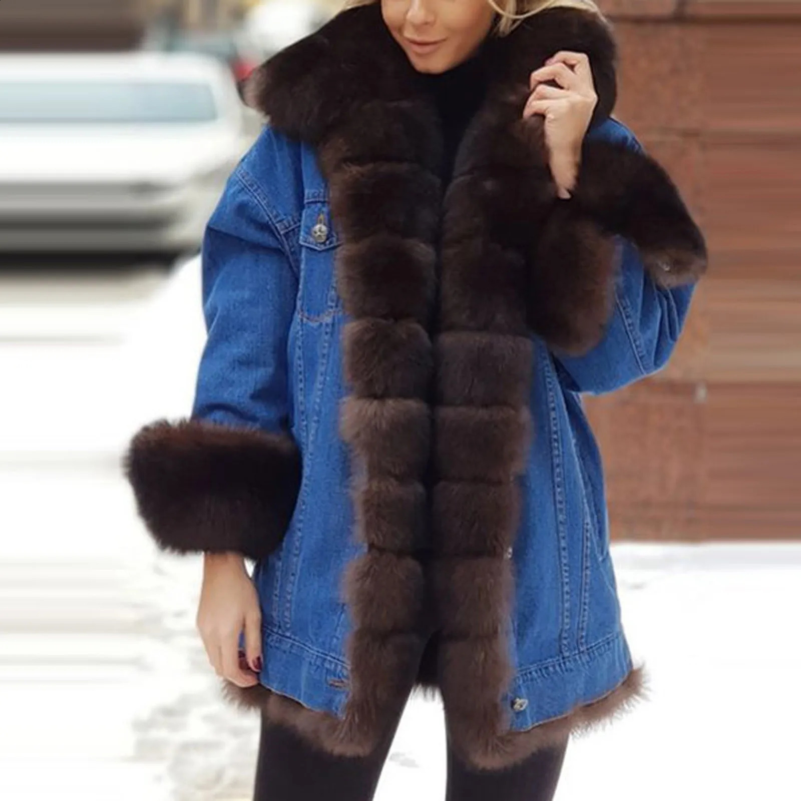 Fashion faux fur coat for autumn and winter womens long sleeved fur denim mid coat with spliced wool jacket for warmth 240930