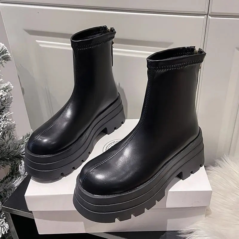 Platform Ankle Boot 2026 Thick Bottom Fashion Short Rounded Head Zipper Black y Boots Female dh2334238