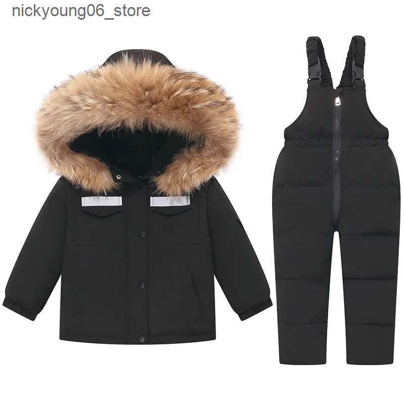 Sets/Suits 2024 New Winter Children Girl Ski Suit Real Fur Warm Down Jacket Coat + Overalls Suit For 1-5 Years Girls Kid Baby Girl Snowsuit L240910
