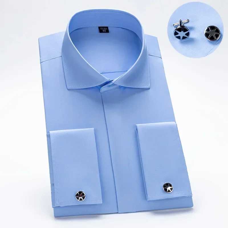 Windsor collar French cuffed dress fashionable mens long sleeved luxury business formal shirt covered button up cufflinks shirt X2410071