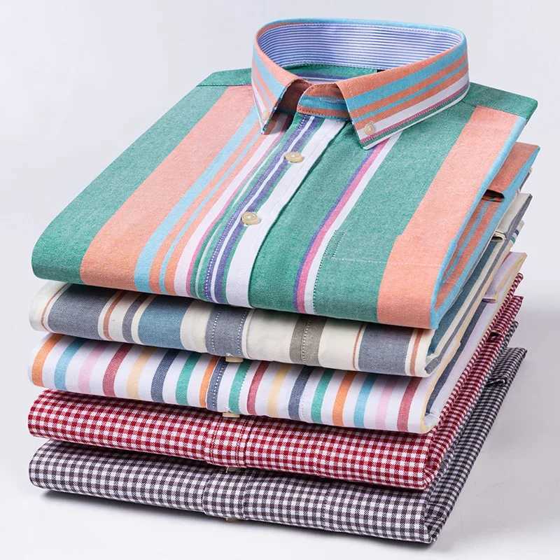 Large mens casual 100% pure cotton Oxford striped pocket long sleeved soft button plain weave mens plus size X241007