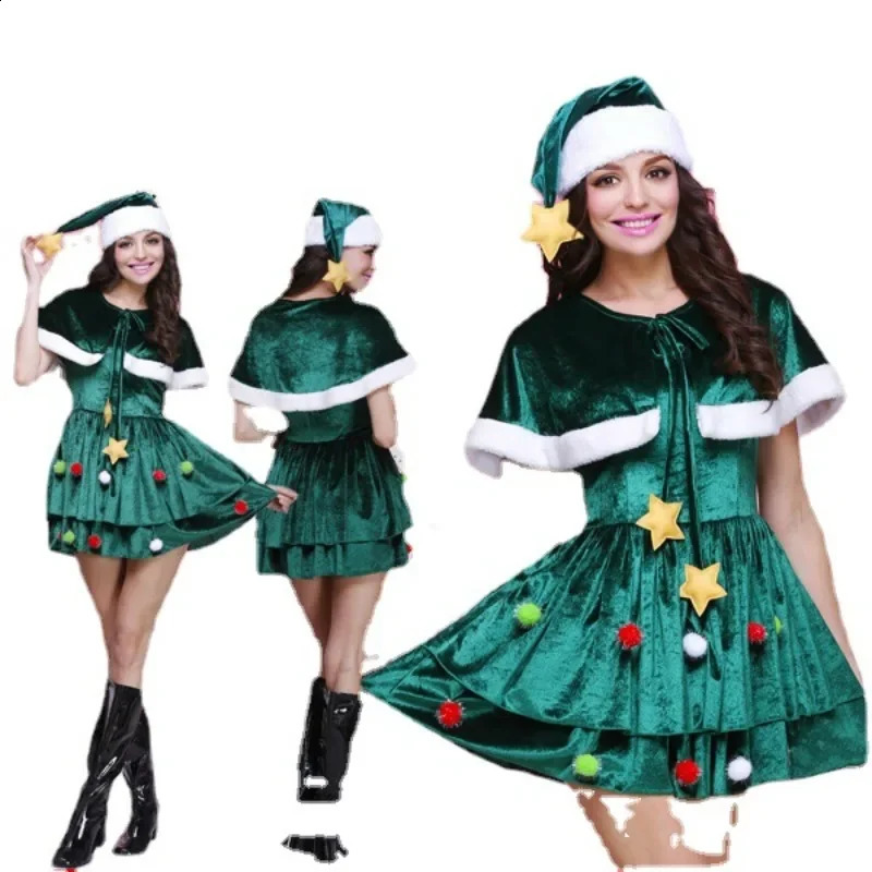 1 Christmas Role Play Tree Costume Carnival Party Green Female Couple Winter Warm Stage Performance Po Studio 241007