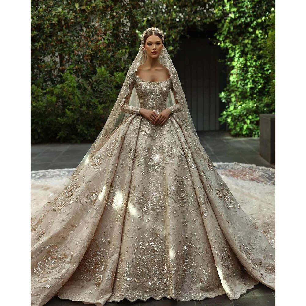 Neck Scoop Wedding Dress Lace Applique Sequined Beaded Long Sleeve Bridal Gown Vestidos De Novia 6660311