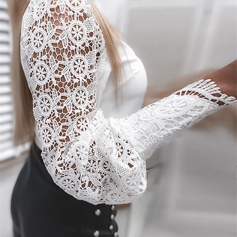 Shirts Elegant Office Ladies White Collared Lace Patchwork Hollow Out Button Up Womens Tops And Blouses 2024 Fashion Blouse y240930
