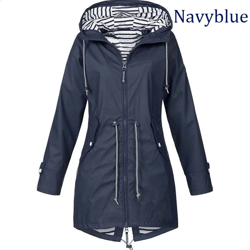 Fashionable womens windproof and waterproof windbreaker long sleeved jacket casual pants zipper hooded raincoat S~5XL 241007