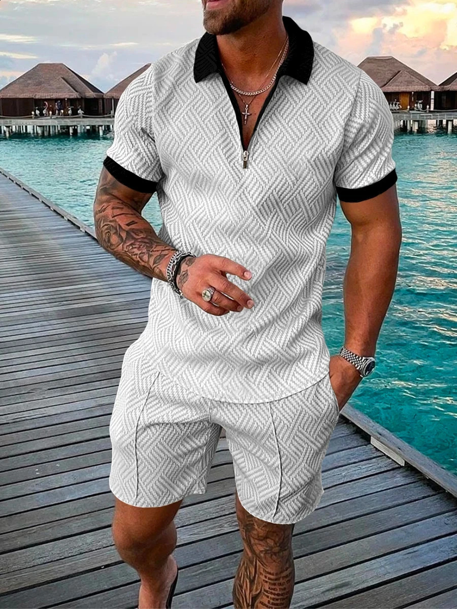 Retro 3D printed mens polo shirt set with zipper lapel polo shirt set with zipper necklace and shorts 2 pieces of Hawaiian holiday style mens sportswe