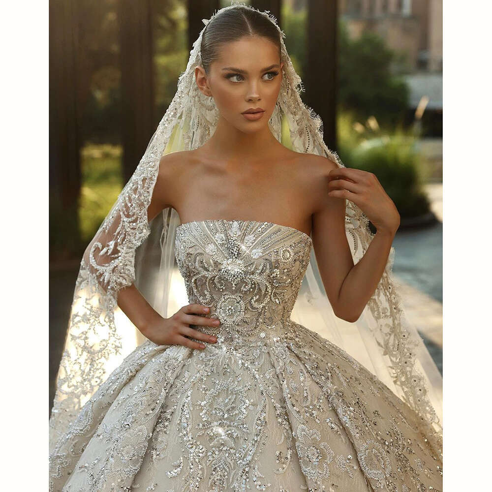 Ball Gown Wedding Sweetheart Sparkly Beaded Lace O Neck Long Sleeve Train High Quality Bridal Princess Dress