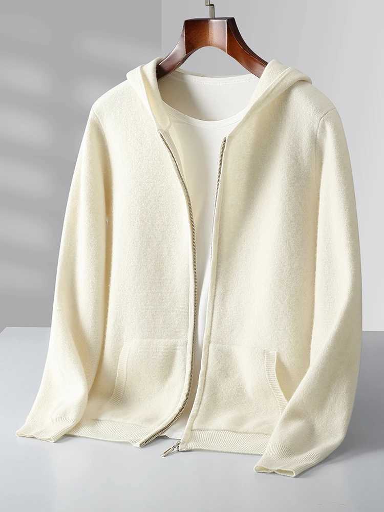 Mens cashmere sweater long sleeved hooded zipper autumn and winter casual loose 100% Merino wool knitted soft and comfortable clothing top W241007